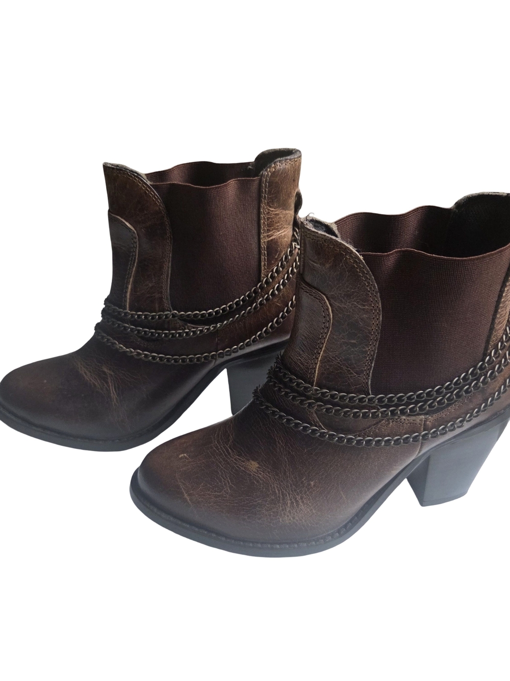 Dingo Brown Women's Distressed Leather Chain-Trim Ankle Booties